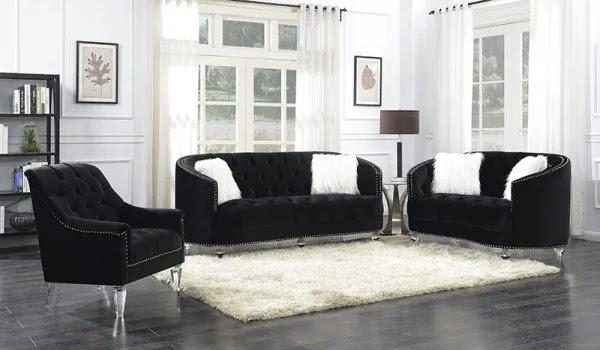 Black Fabric Rounded Sofa and Love Seat
